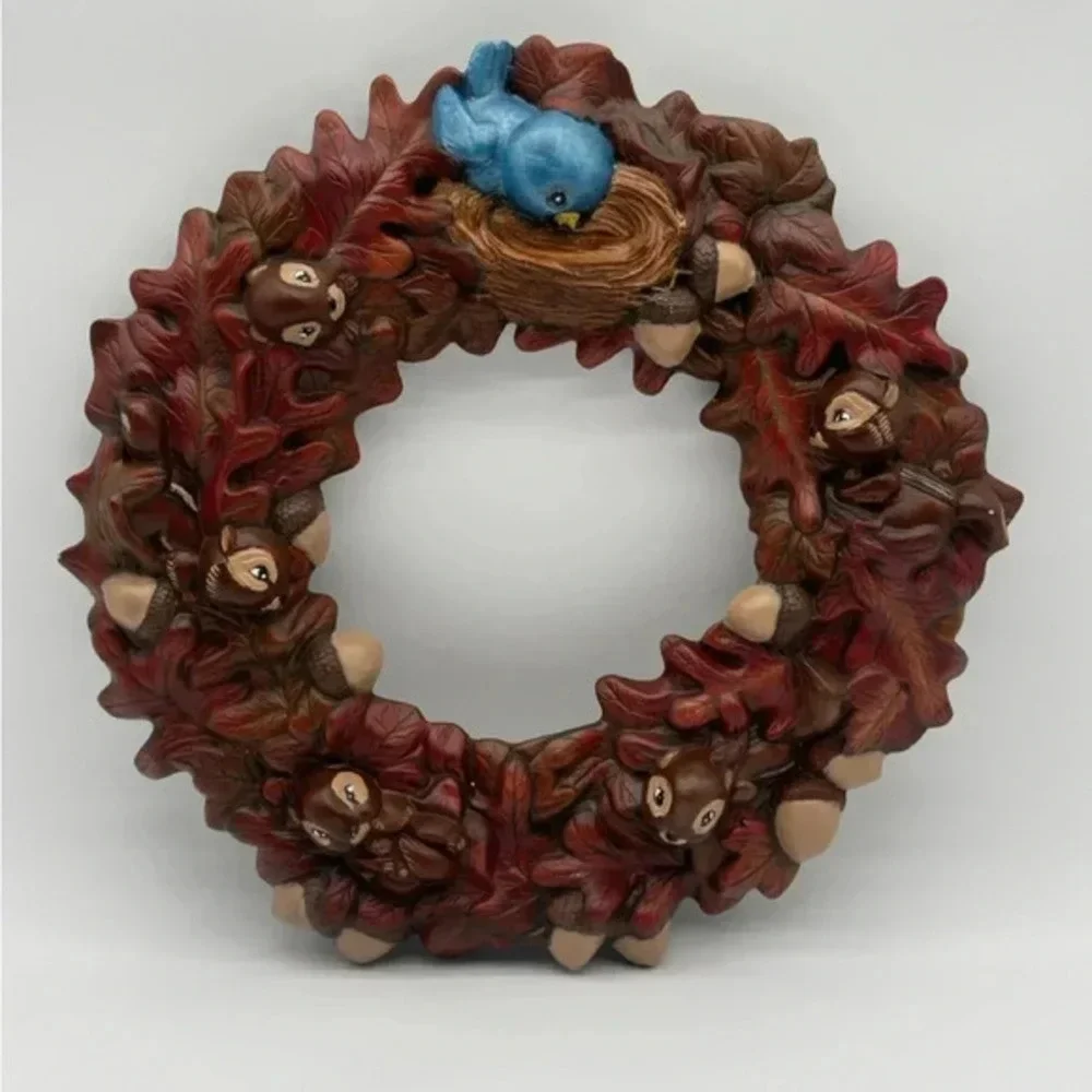 Vintage 1984 Ceramic Harvest Autumn Fall Chipmunks Acorns Leaves Birds Wreath